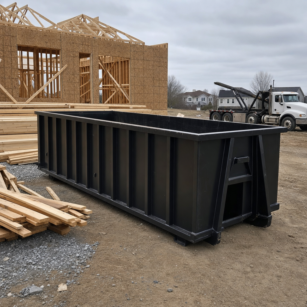 Matte-black 40-yard roll-off dumpster staged on a framed-out residential construction site in Racine, framing lumber stacked nearby, hooklift delivery truck visible in the background under bright Colorado daylight