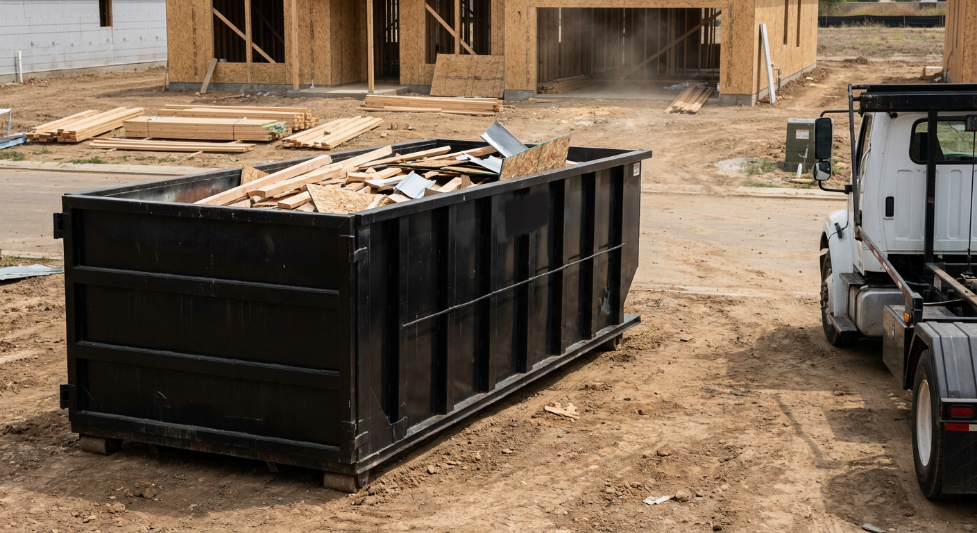 Matte-black 20-yard roll-off construction dumpster with heavy ribbed steel sidewalls and swing rear doors at a working jobsite in Racine, sitting directly on compacted dirt with an unmarked white hauler partially visible at the far edge of the frame.