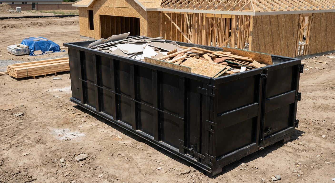 Matte-black 30-yard roll-off construction dumpster sitting directly on the compacted-dirt site of a framed single-family home build in Racine, drywall and lumber scrap loaded inside.