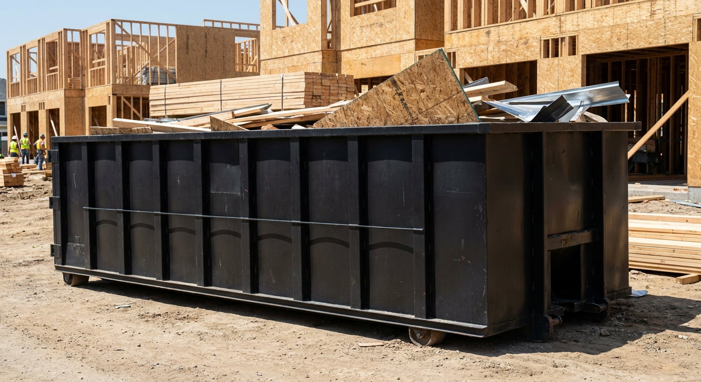 Matte-black 40-yard roll-off construction dumpster being lowered from a white-cab hooklift delivery truck onto the compacted-dirt jobsite at a commercial build site in Racine
