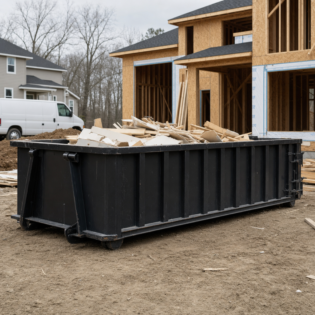 Worker in a yellow high-visibility vest tossing framing lumber and broken drywall into a matte-black 30-yard construction roll-off dumpster on an active build site in Racine, bright daylight