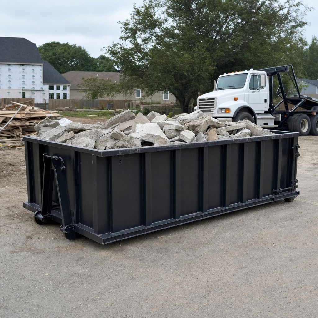 Low-profile matte-black lowboy roll-off dumpster loaded with broken concrete slab and rebar at a foundation tear-out in Racine, skid steer parked beside it, sunny Colorado morning