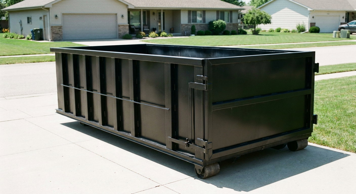 Matte-black 10-yard roll-off dumpster on a residential concrete driveway in Racine, uniformly painted matte black across every panel and rail, ribbed steel sidewalls and rear swing door visible, mid-day daylight.