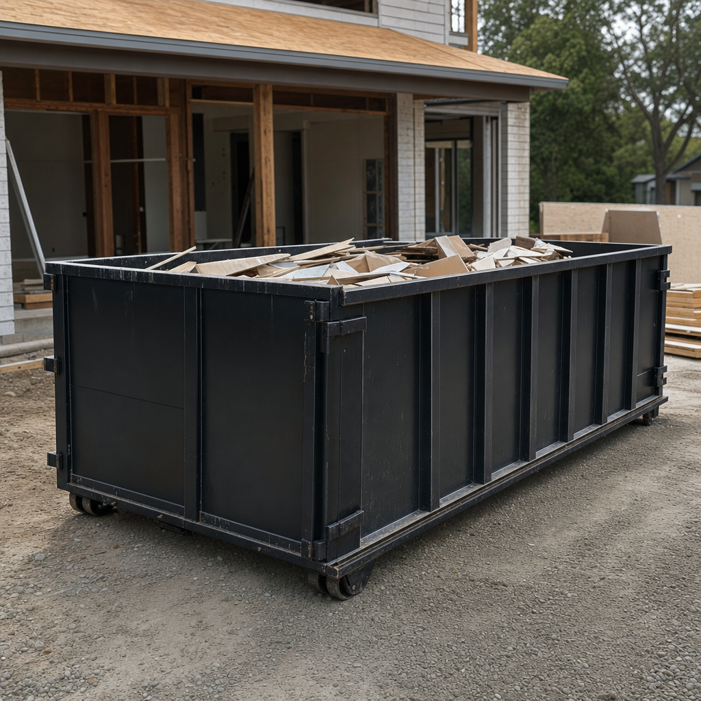 Large matte-black 30-yard construction roll-off dumpster at an active Racine jobsite, steel-gray top rails and bottom rollers visible, loaded with construction debris.