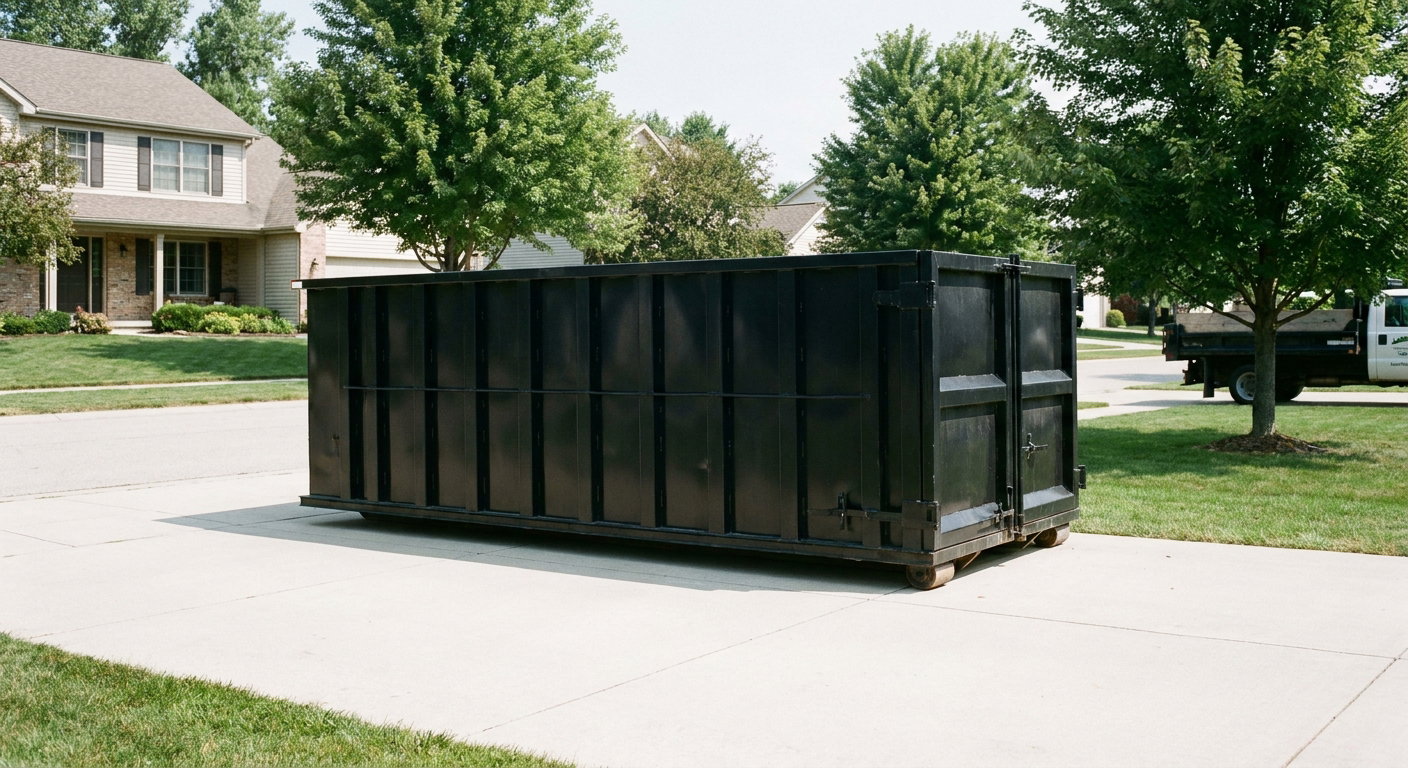 Matte-black 20-yard roll-off dumpster sitting level on a clean Mount Pleasant residential concrete driveway under bright daylight, demonstrating clean placement directly on the concrete.