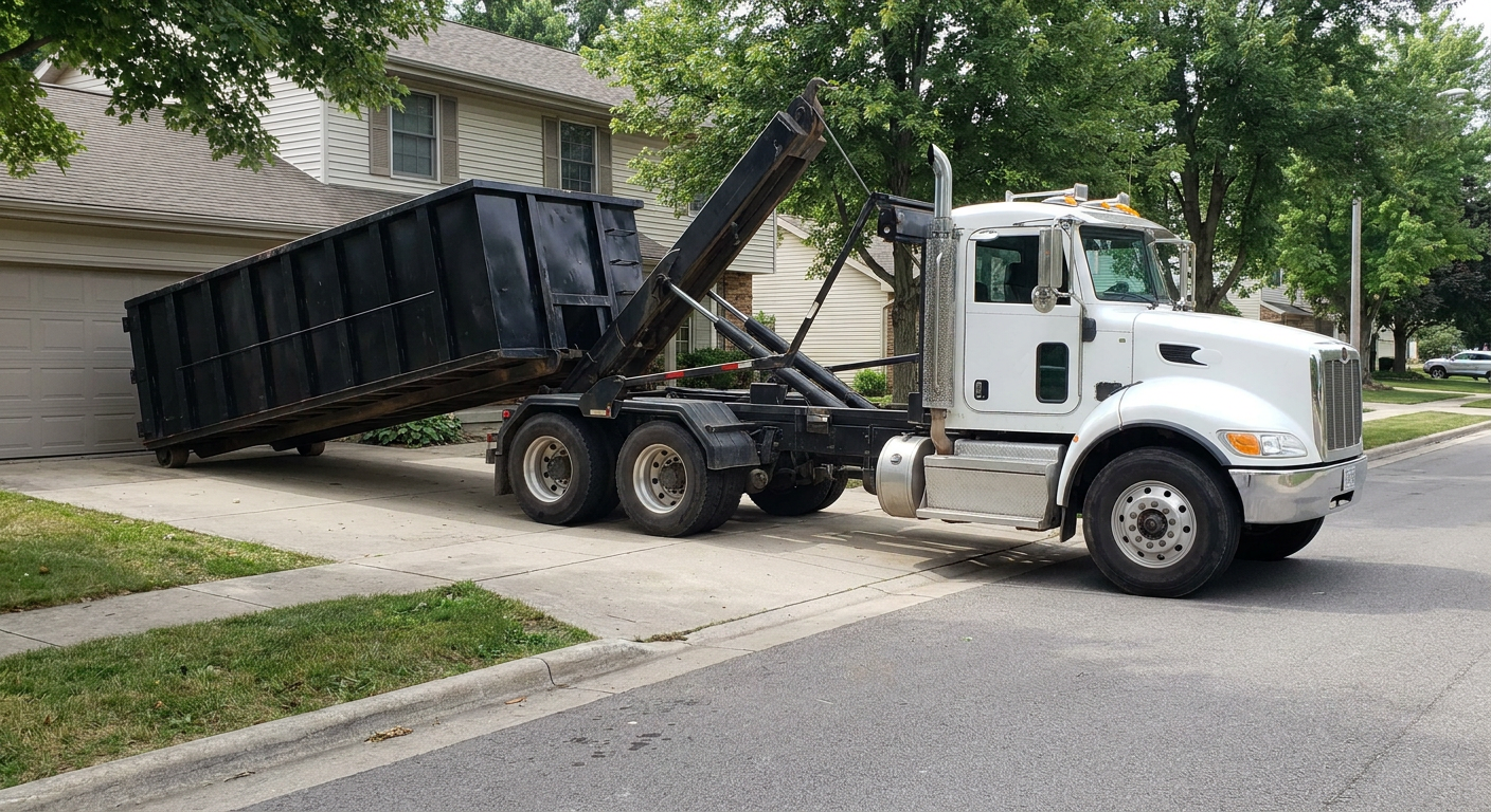 White-cab hooklift roll-off truck actively lowering a matte-black dumpster onto a Mount Pleasant residential concrete driveway, the dumpster's rear wheels touching the driveway as the hoist arm tilts the bed forward, mid-morning daylight.
