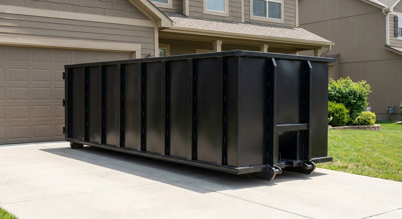 Matte-black residential roll-off dumpster sitting directly on a suburban Racine concrete driveway, garage door closed, single-family home in background, bright morning daylight.