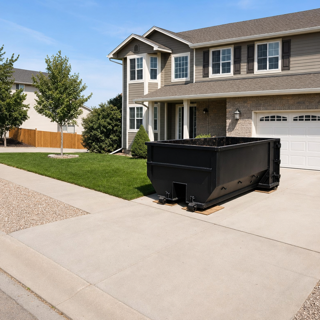 10-yard matte-black residential dumpster placed directly on a narrow Racine concrete driveway, room remains for a parked sedan beside it, mid-morning natural light