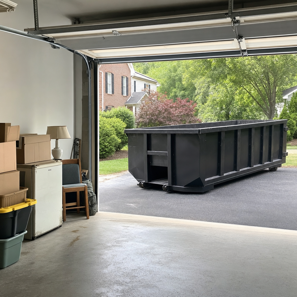 Open garage interior in a Racine home mid-cleanout — boxed items, an old appliance, and stacked yard tools queued near the driveway for a matte-black roll-off dumpster, organized and calm