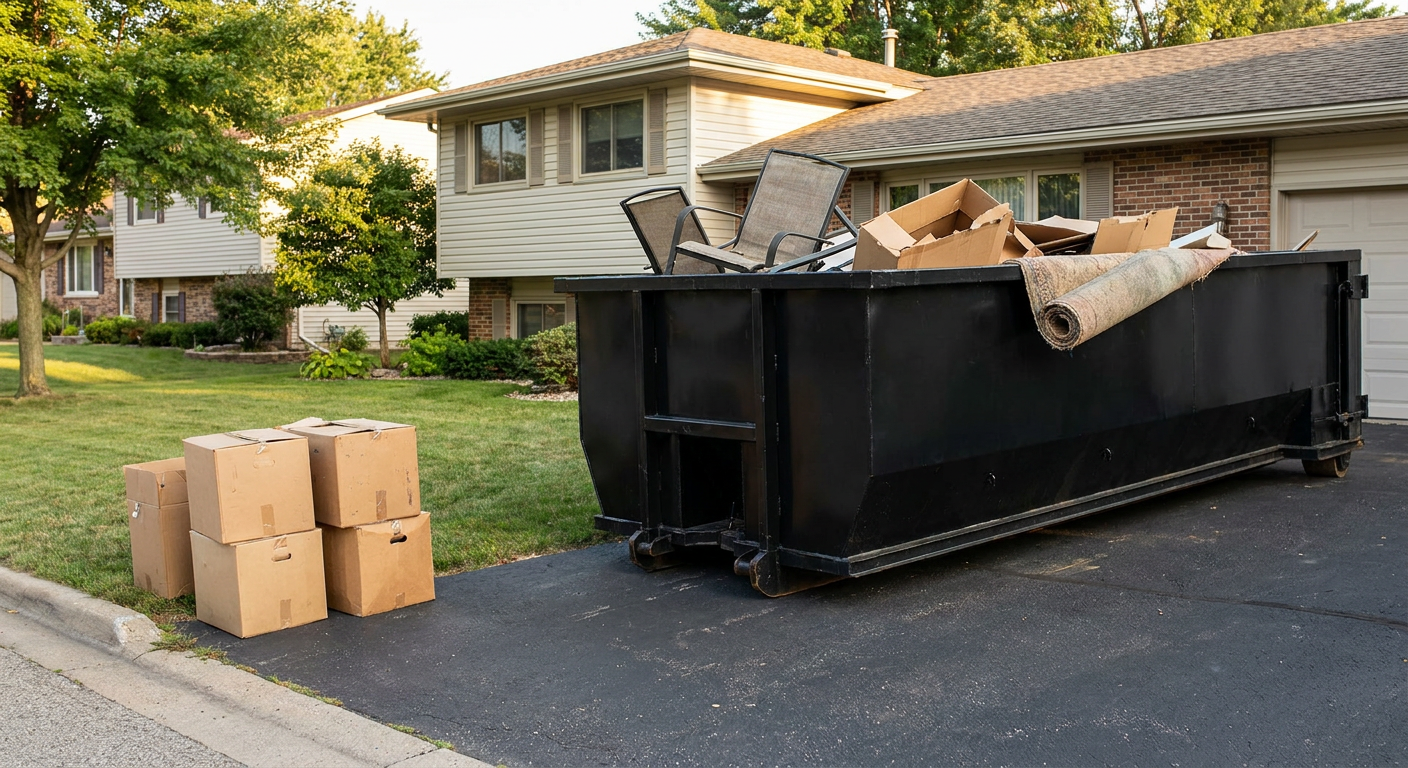Front-yard view of a Racine split-level home with a 20-yard matte-black roll-off dumpster sitting directly on the asphalt driveway, a few clearly labeled donation boxes staged at the curb, calm sunny afternoon.