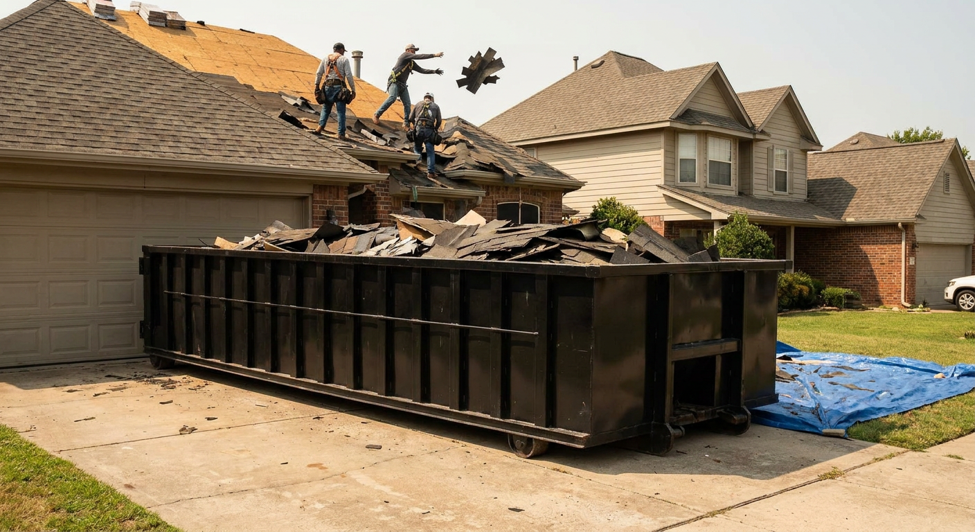 Matte-black roofing roll-off dumpster placed directly on a Racine residential concrete driveway, a tear-off crew on a two-story asphalt-shingle roof tossing shingle bundles into the low-walled container, bright daylight, documentary 35mm perspective.