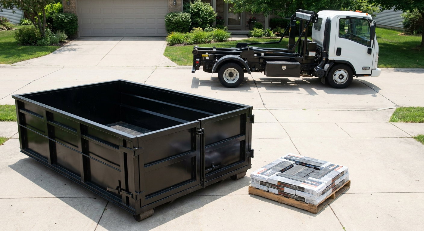 Matte-black 15-yard roofing roll-off dumpster with reinforced low side walls sitting directly on a Racine residential concrete driveway, three-tab asphalt shingle bundles stacked nearby, an unmarked white hauler truck partially visible at the edge of the frame.