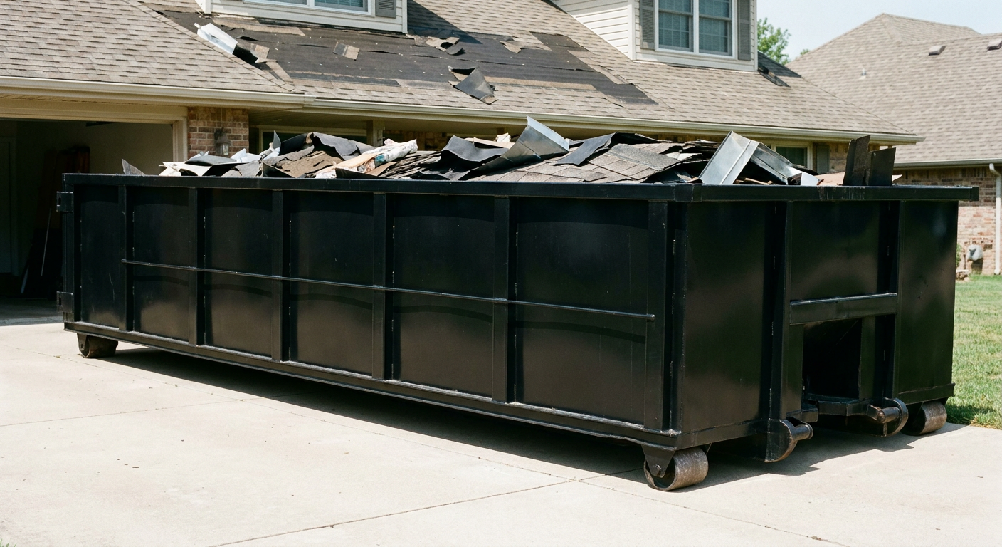 Matte-black 20-yard roofing roll-off dumpster with steel ribbed sides and swinging rear door, sitting directly on the concrete driveway of a two-story Racine home, asphalt shingle debris being loaded over the low wall, clean documentary lighting.
