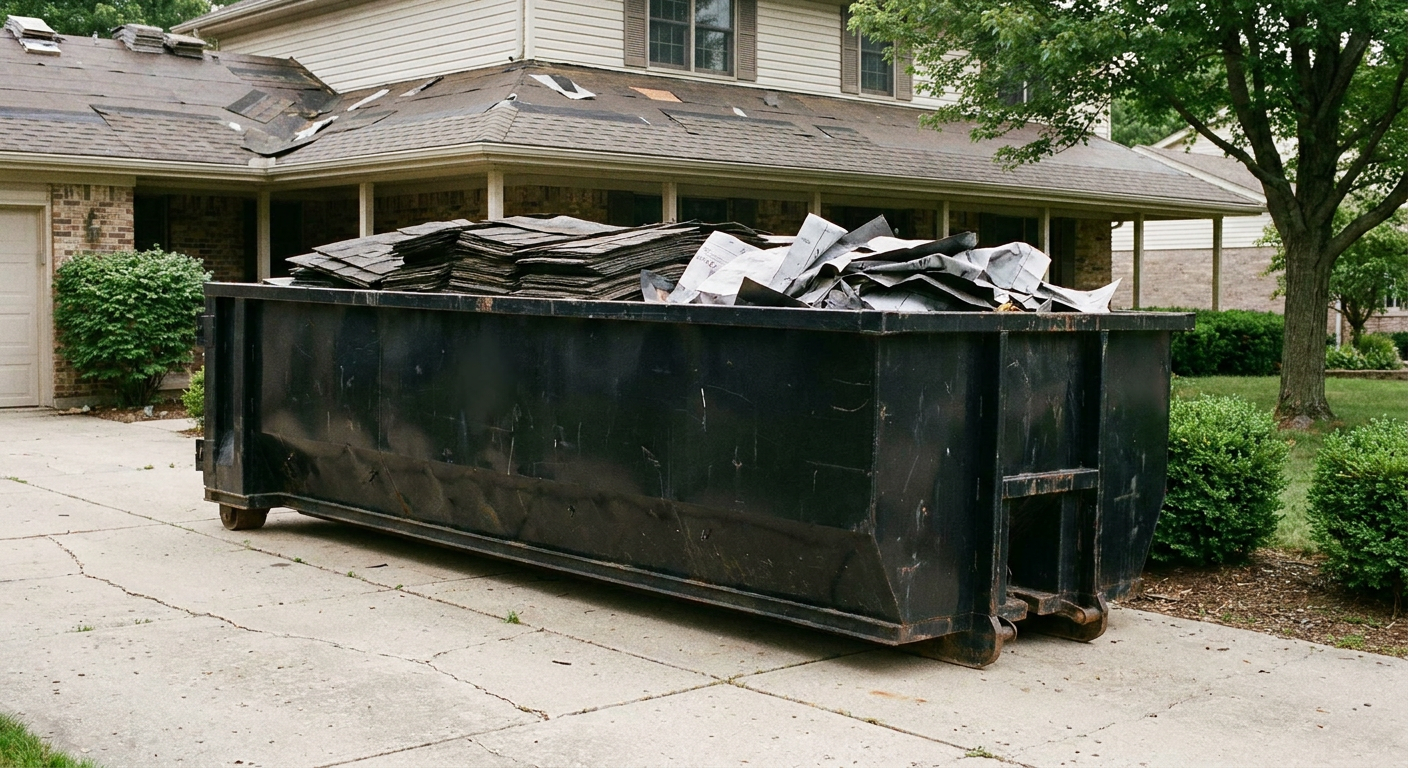 Matte-black 30-yard roofing roll-off dumpster sitting directly on a Racine concrete driveway, taller ribbed steel side panels, mixed tear-off debris of asphalt shingles and underlayment inside, professional documentary daylight.
