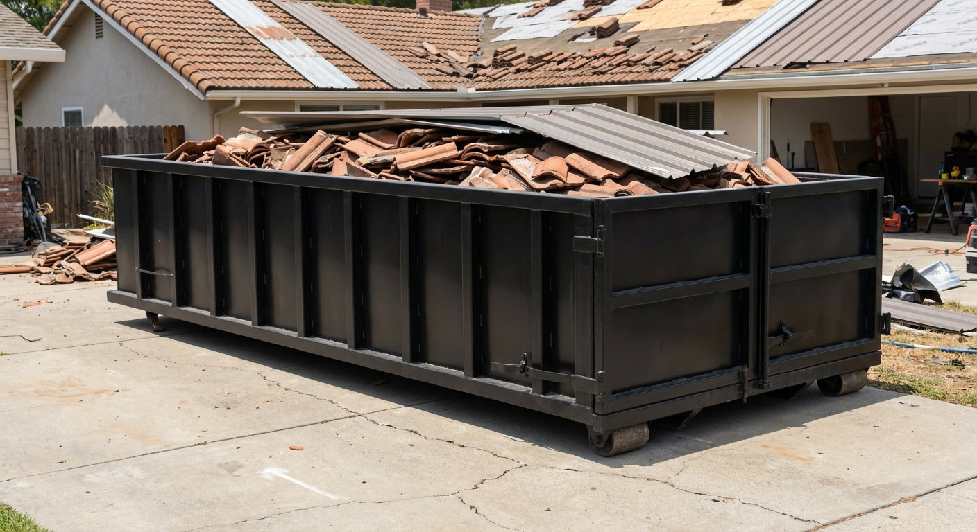 Matte-black low-wall heavy-debris roofing roll-off dumpster sitting directly on a Racine concrete driveway, broken concrete clay roof tiles and metal panel sections loaded inside, reinforced ribbed steel side walls visible, bright outdoor daylight.