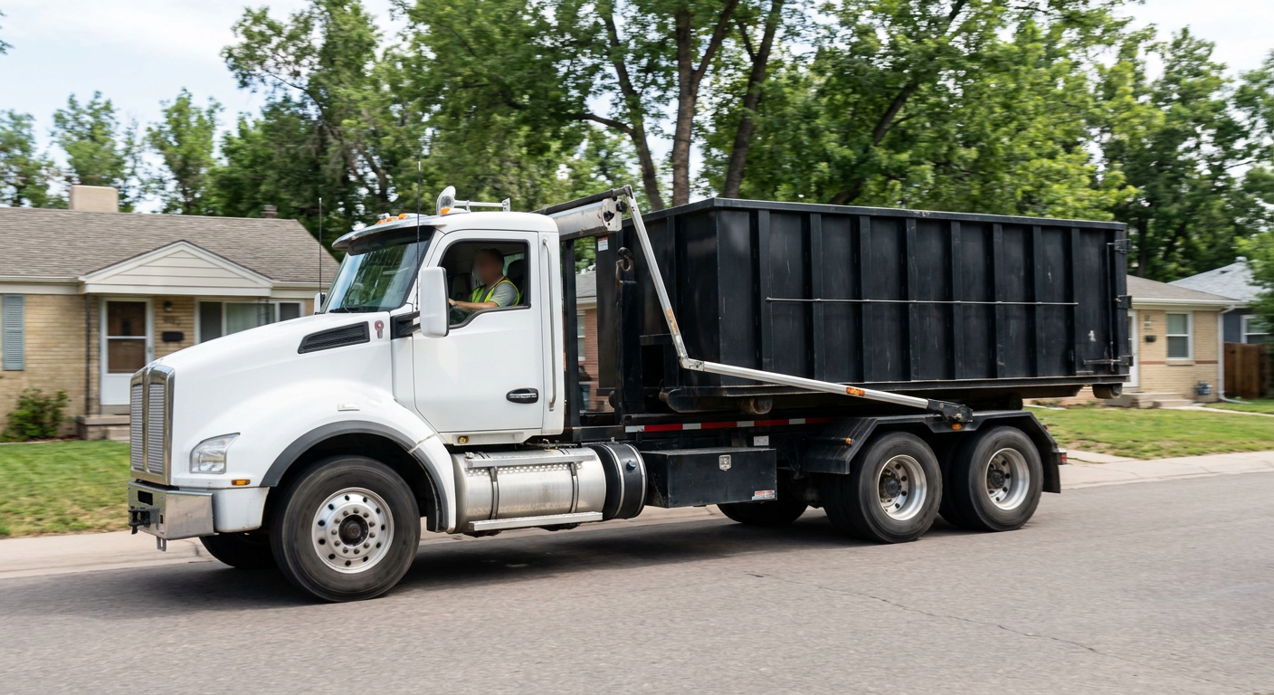 A wide documentary shot of a matte-black roll-off delivery truck pulling onto a quiet Racine residential street at mid-morning, with neighborhood rooftops and tree-lined blocks visible behind, showing the metro coverage footprint.