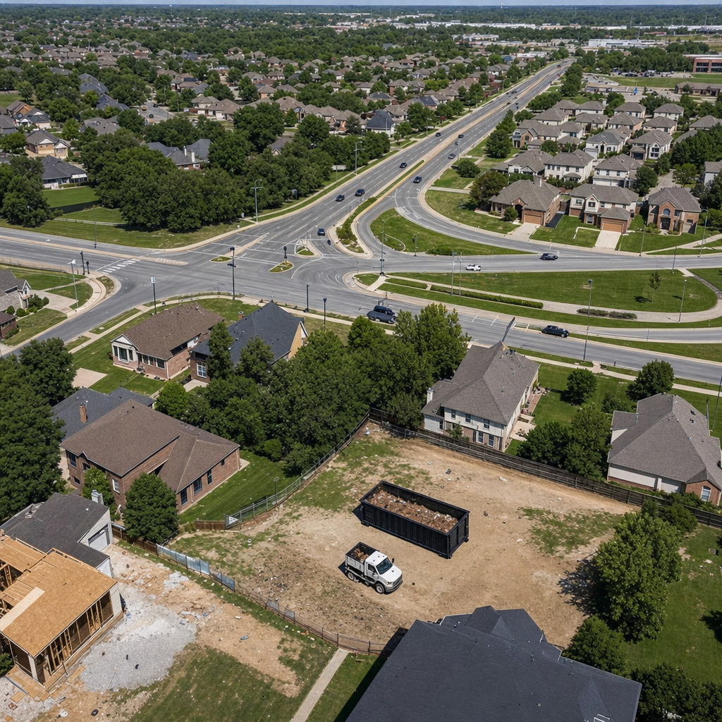 An overhead documentary view of the Racine metro area at midday, showing the spread of neighborhoods, arterial roads, and the dispatch radius from a central yard — clean daylight, organized geographic layout.