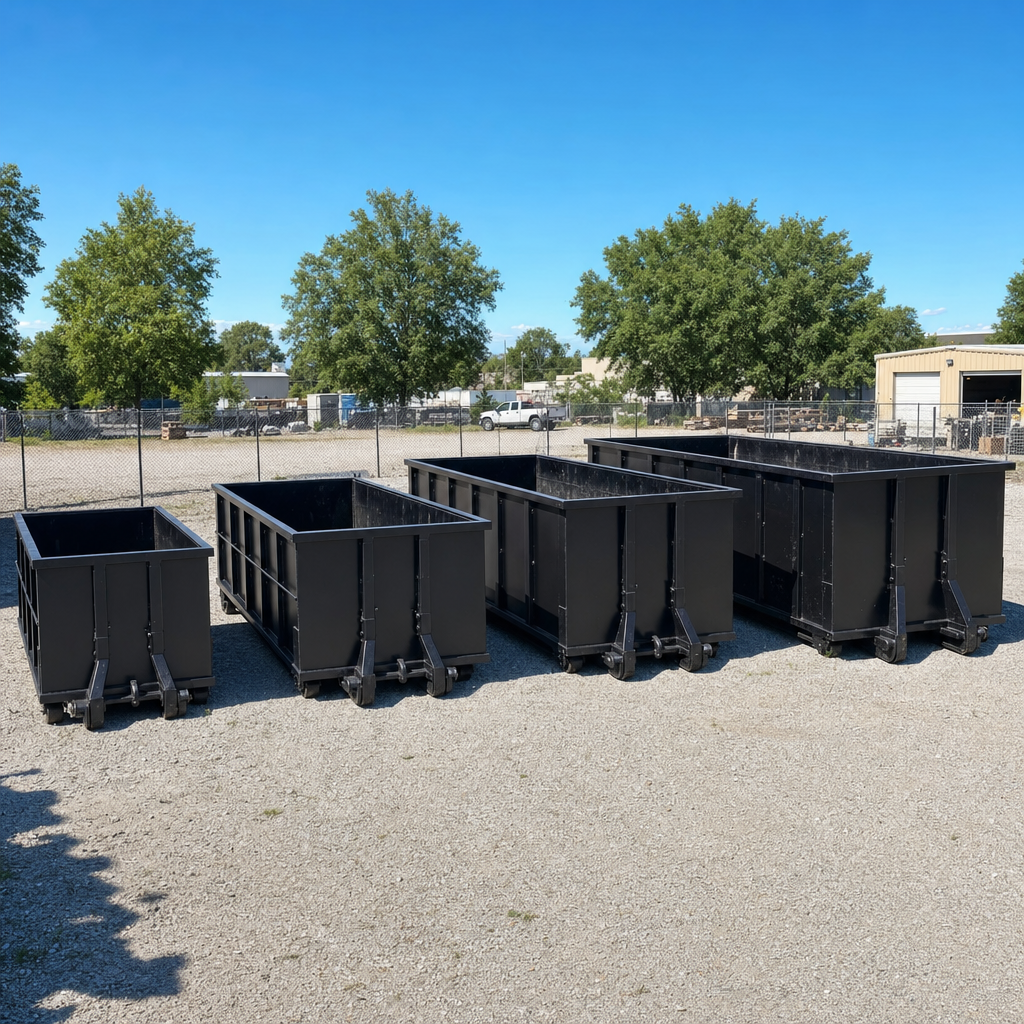 A clean lineup of matte-black roll-off dumpsters in 10, 20, 30, and 40-yard sizes staged on a sunlit gravel yard in Racine, showing the size progression from compact to commercial-scale containers.