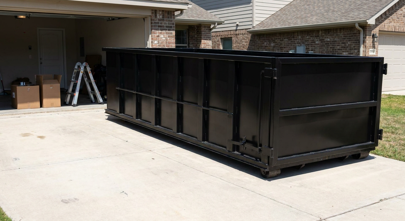 A matte-black 10-yard roll-off dumpster sitting directly on a residential Racine concrete driveway, mid-day sunlight, clean and ready for a garage cleanout.