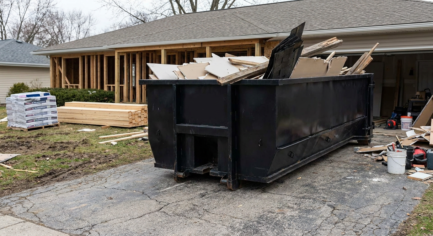 A matte-black 20-yard roll-off dumpster placed alongside a mid-renovation Racine home directly on the asphalt driveway, with framing materials and torn-off shingles staged neatly nearby.