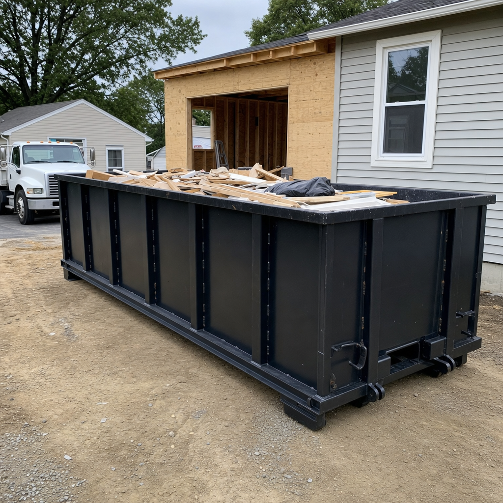 A matte-black 30-yard roll-off dumpster positioned at a Racine residential addition jobsite, with framing lumber and drywall scraps loaded through the open swinging rear doors.