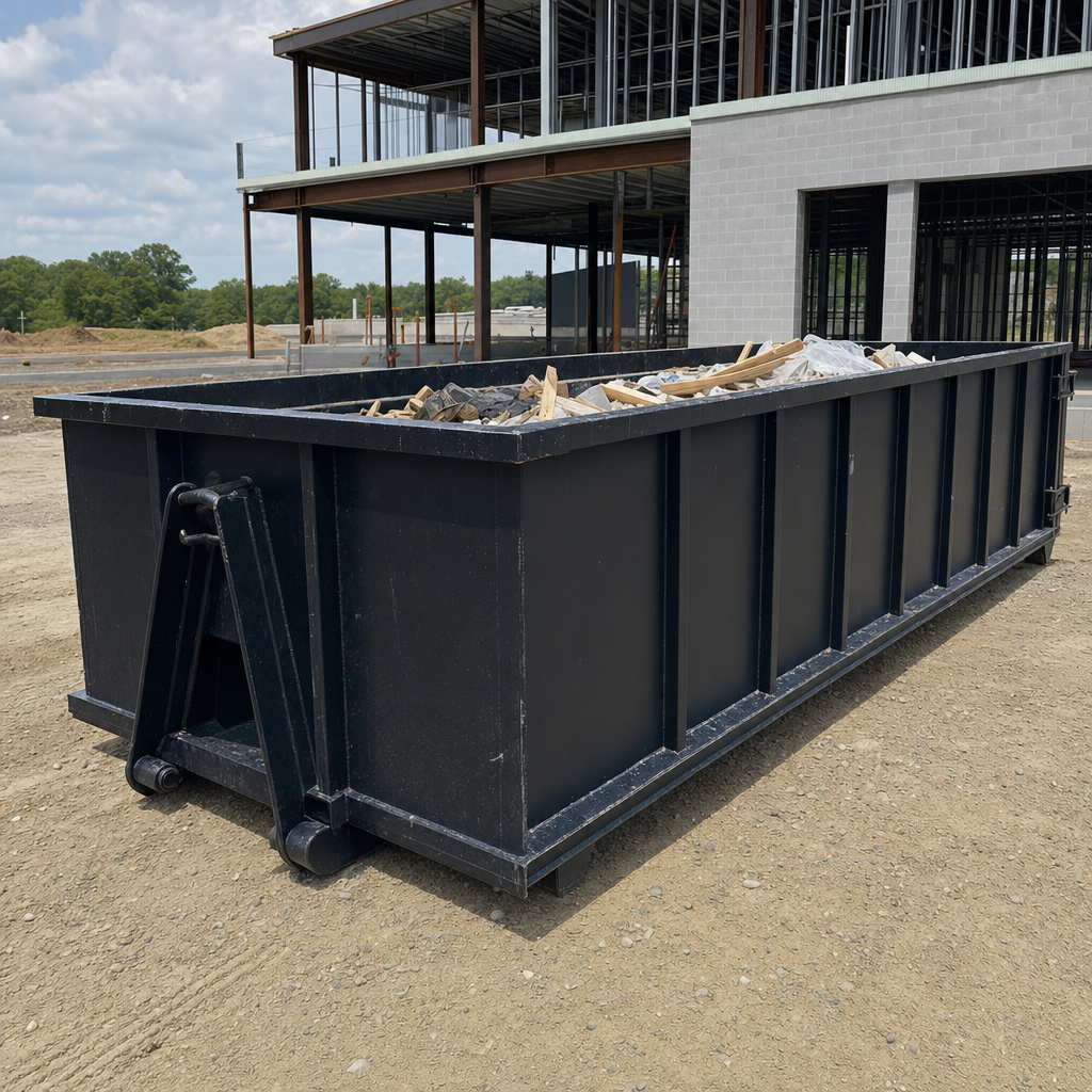 A matte-black 40-yard roll-off dumpster staged on a large Racine commercial construction lot, with a hooklift delivery truck parked alongside under bright midday sky.