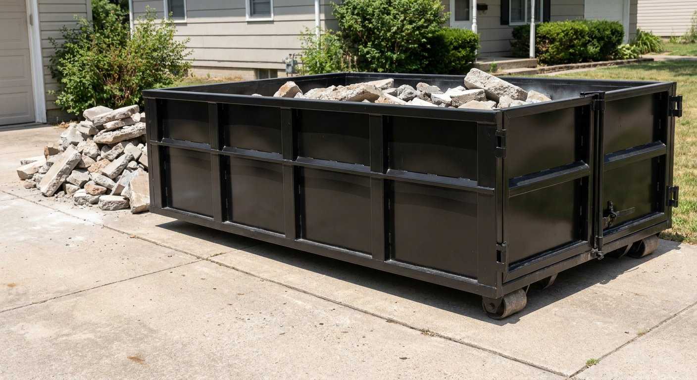 A matte-black low-side heavy-debris roll-off dumpster placed directly on a Racine concrete driveway, with broken concrete chunks neatly stacked beside it under clean daylight.